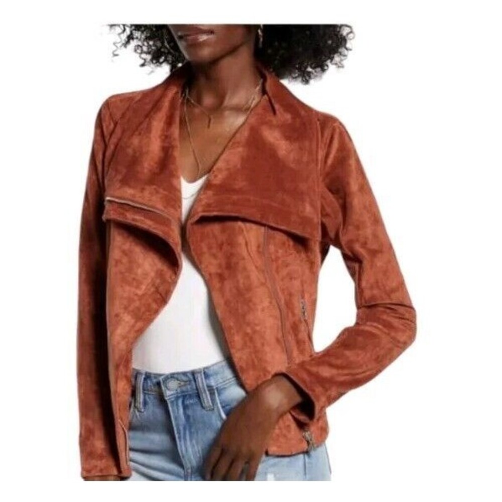 SL8 Asymmetrical Zip Moto Jacket Womens Medium Faux Suede Rust Brown Stretch